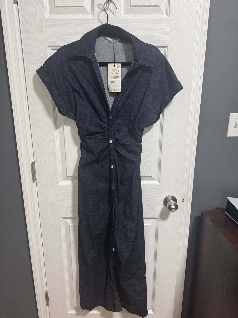 Zara denim Dark Indigo Button-Front Midi Dress with Ruched Waist